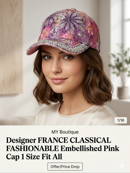 MY Boutique Accessories - Designer FRANCE CLASSICAL FASHIONABLE Embellished Pink Cap 1 Size Fit All